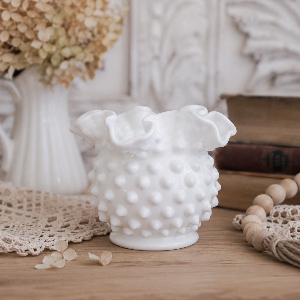 Vintage Hobnail Milk Glass Ruffled Vase White Fenton Style Cottagecore